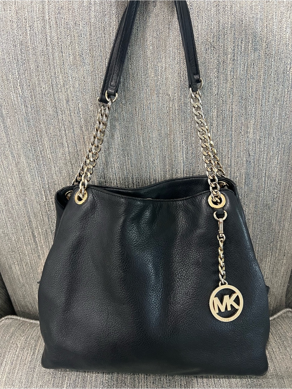 Michael Kors Black Leather Shoulder Tote with Gold Hardware